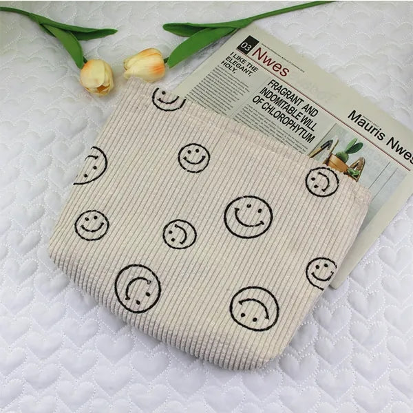 Corduroy Cosmetic Bag with Smile face design