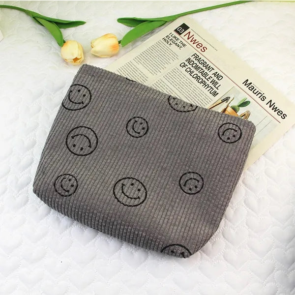 Corduroy Cosmetic Bag with Smile face design