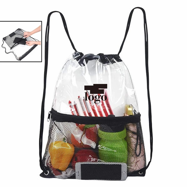 Clear PVC Drawstring Bag Backpack with Front Mesh Pocket