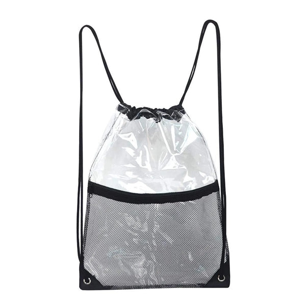Clear PVC Drawstring Bag Backpack with Front Mesh Pocket