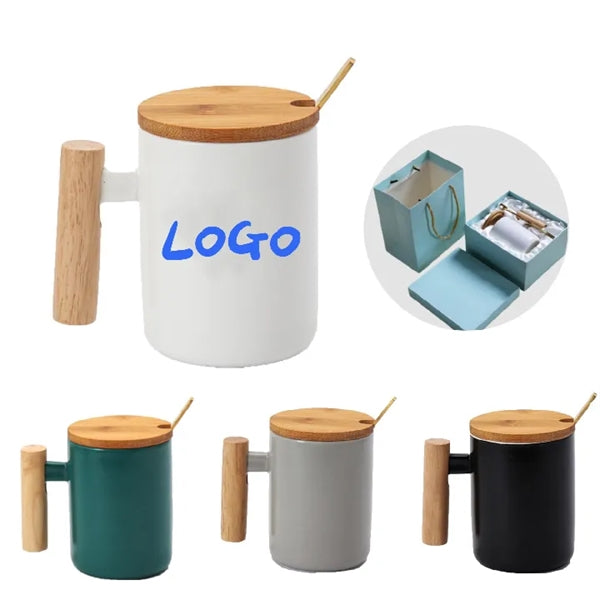 Coffee Mug with Wood Lid and Handle Gift Set