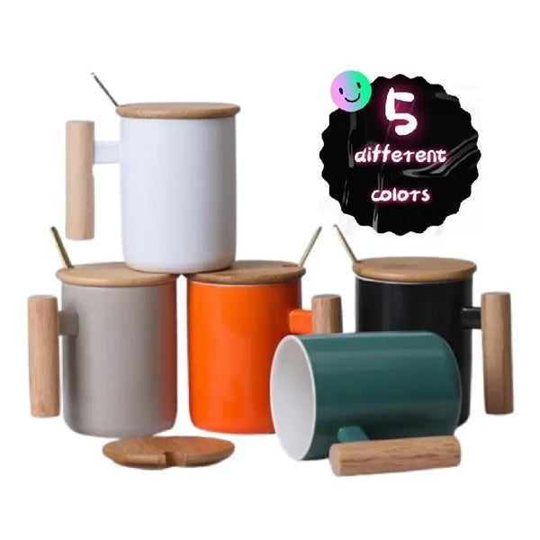 Coffee Mug with Wood Lid and Handle Gift Set