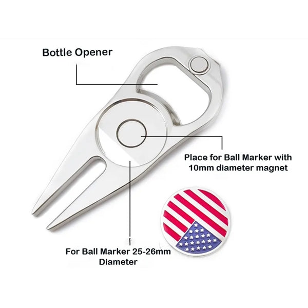Golf Divot Tool With Magnetic Ball Marker Bottle Opener