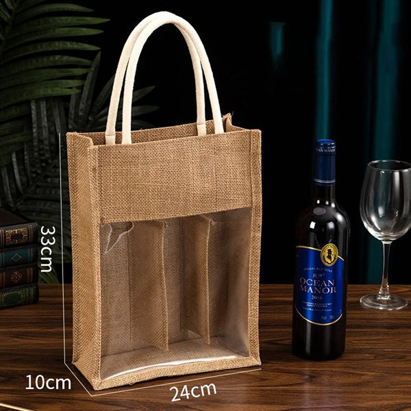 Burlap Wine Tote Bag with Clear Window