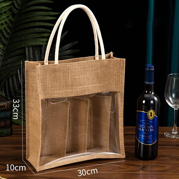 Burlap Wine Tote Bag with Clear Window