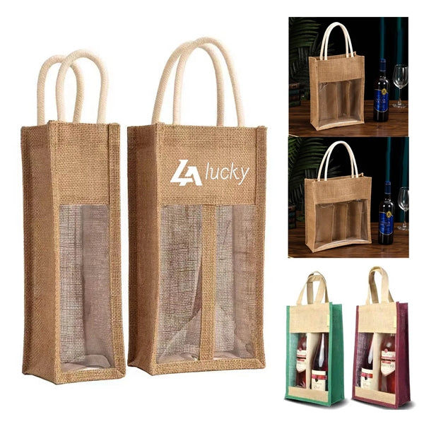 Burlap Wine Tote Bag with Clear Window