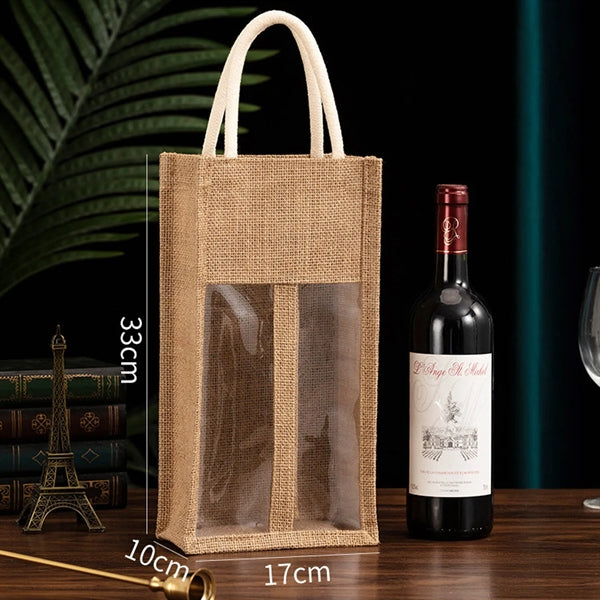 Burlap Wine Tote Bag with Clear Window