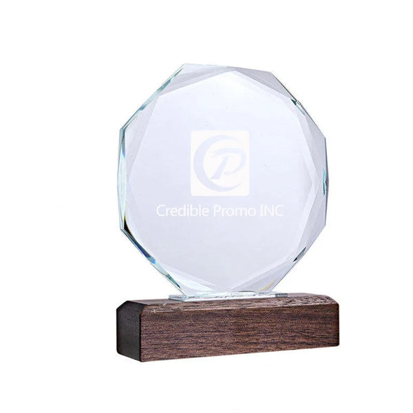 Crystal Octagon Trophy With Wood Base