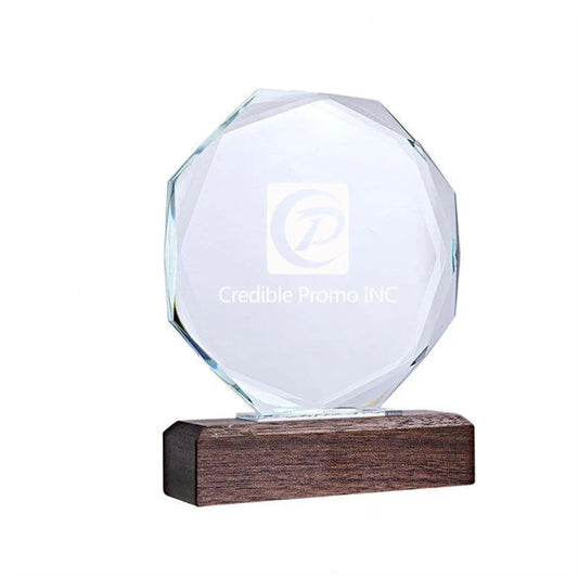 Crystal Octagon Trophy With Wood Base