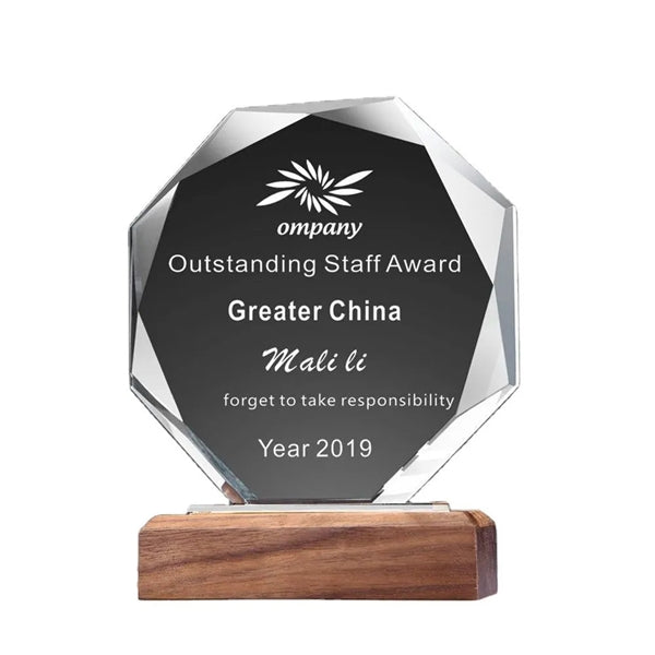 Crystal Octagon Trophy With Wood Base