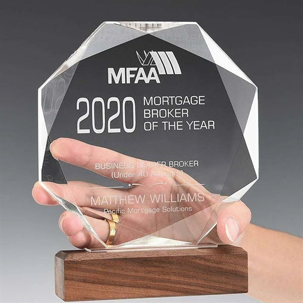 Crystal Octagon Trophy With Wood Base