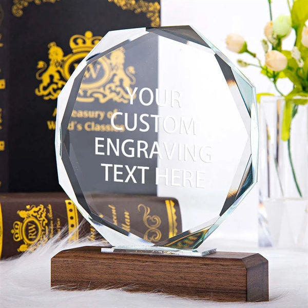 Crystal Octagon Trophy With Wood Base