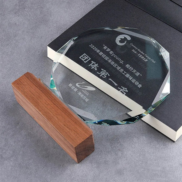 Crystal Octagon Trophy With Wood Base