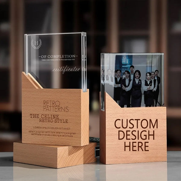 Engraved Crystal Trophy Award With Wooden Base