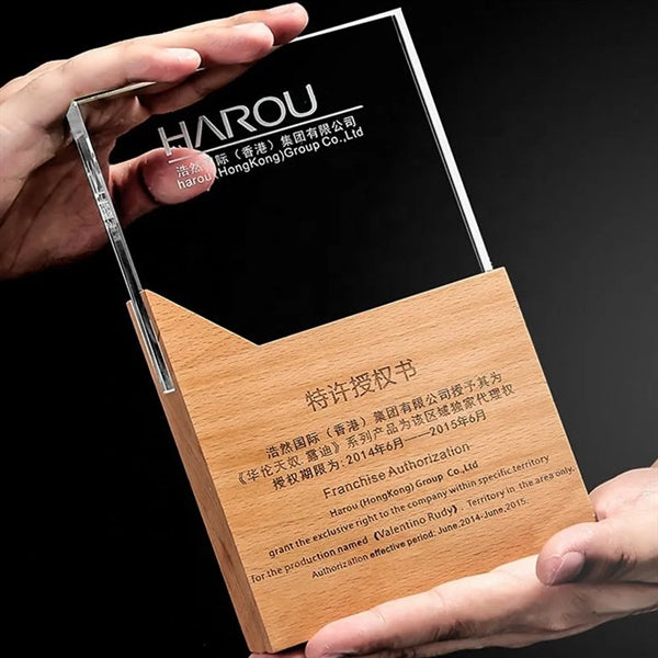 Engraved Crystal Trophy Award With Wooden Base