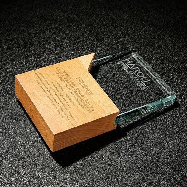 Engraved Crystal Trophy Award With Wooden Base