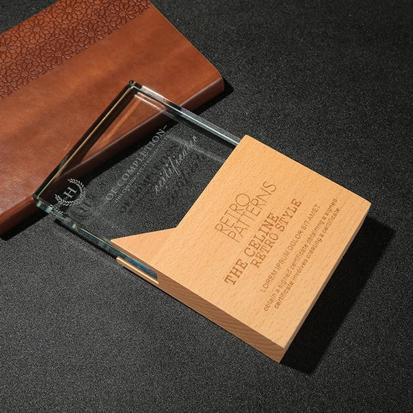 Engraved Crystal Trophy Award With Wooden Base