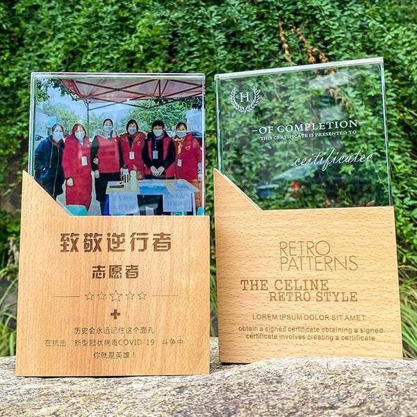 Engraved Crystal Trophy Award With Wooden Base