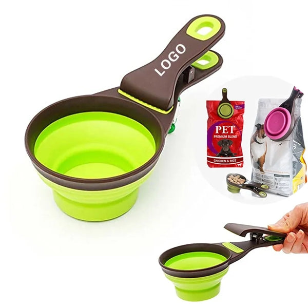 Collapsible Dog Food Scoop with Unique Lid and Bag Clip