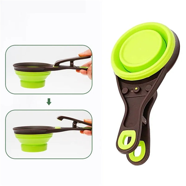 Collapsible Dog Food Scoop with Unique Lid and Bag Clip