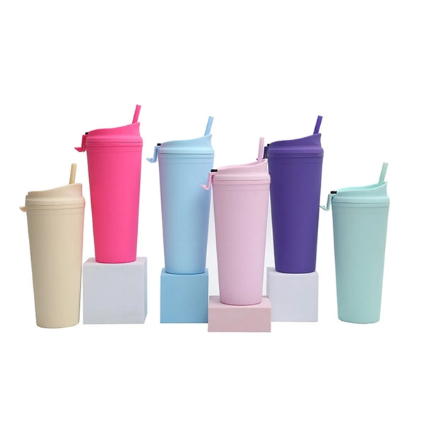 24oz Travel Car Double Wall Plastic Tumbler W/ Straw Lid