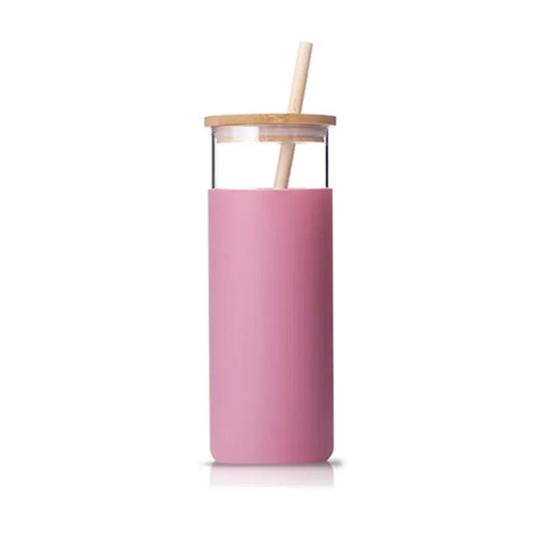 Wood Lid Straw Glass With Silicone Cover