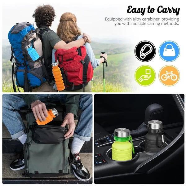 Reuseable Silicone Collapsible Water Bottle with Carabiner