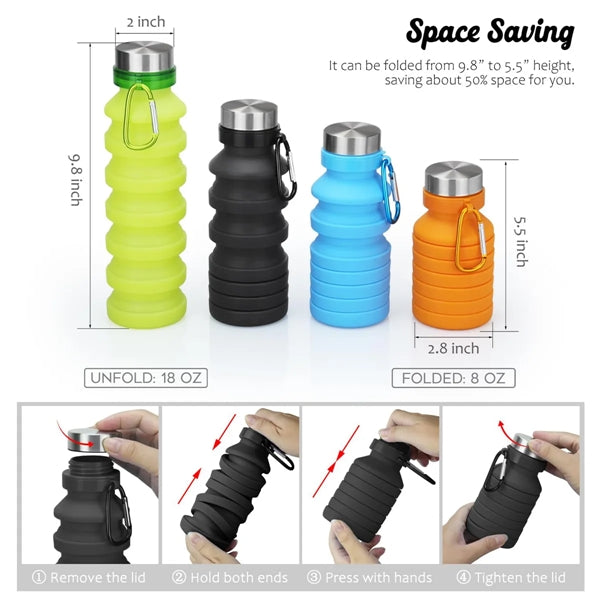 Reuseable Silicone Collapsible Water Bottle with Carabiner