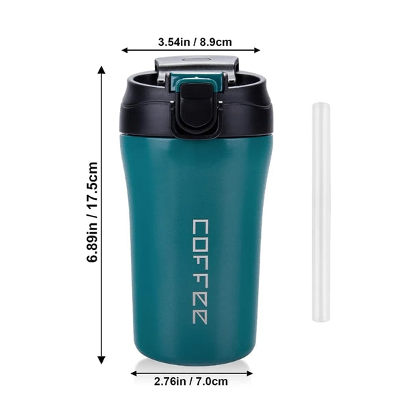 Spill Proof Insulated Travel Coffee Mug With Lid And Straw