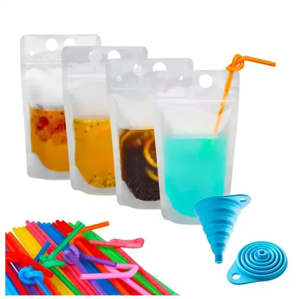 Plastic drink pouch with straw