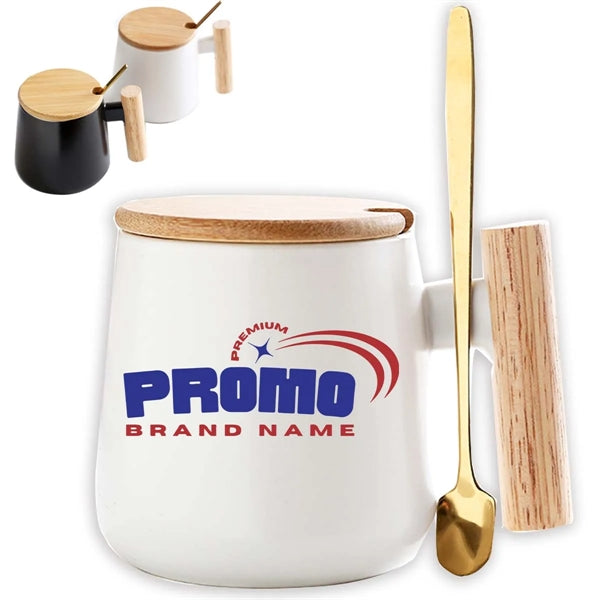 12oz. Ceramic Wooden Handle Tea cup Lid Spoon Coffee Mug