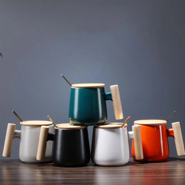 12oz. Ceramic Wooden Handle Tea cup Lid Spoon Coffee Mug