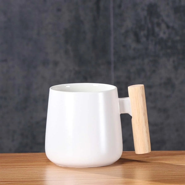 12oz. Ceramic Wooden Handle Tea cup Lid Spoon Coffee Mug