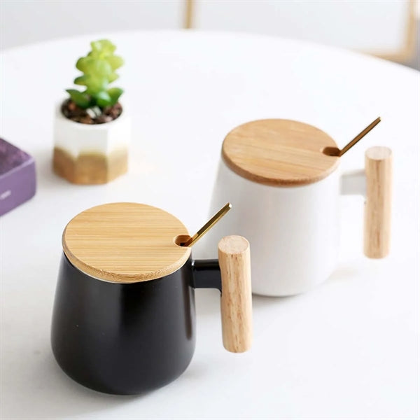 12oz. Ceramic Wooden Handle Tea cup Lid Spoon Coffee Mug