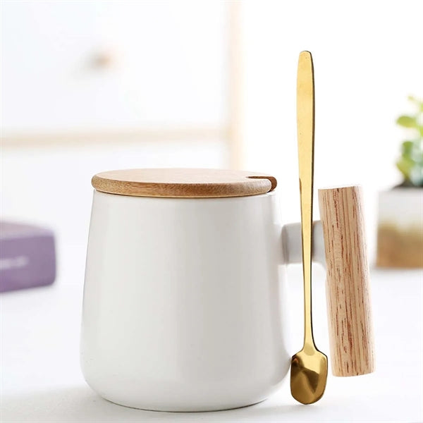 12oz. Ceramic Wooden Handle Tea cup Lid Spoon Coffee Mug