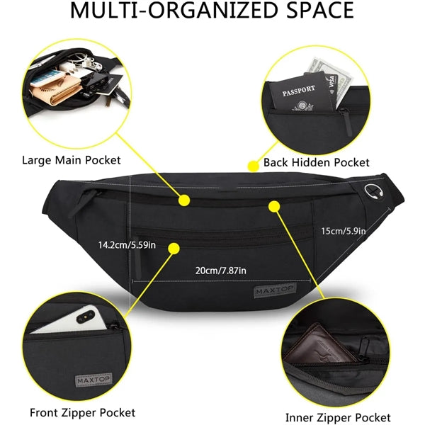 Adjustable Belt Crossbody Fanny Pack with 4-Zipper Pockets