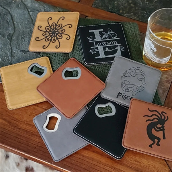 Engraved Leatherette Coaster With Bottle Opener