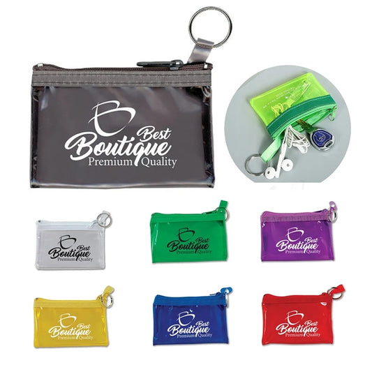 Logo Durable Zippered Translucent Pouch With Key Ring
