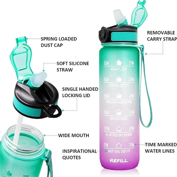 32oz Sport Motivational Time Marker Water Bottle With Straw