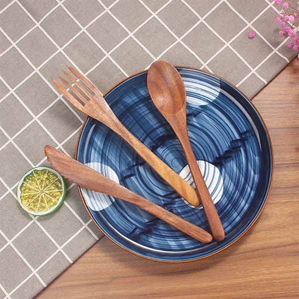 Eco-Friendly Teak Wood 3-Piece Cutlery Set Spoon Fork Knife