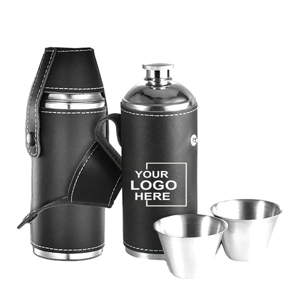 8 OZ Stainless Steel Leather Flask with 2 Cups