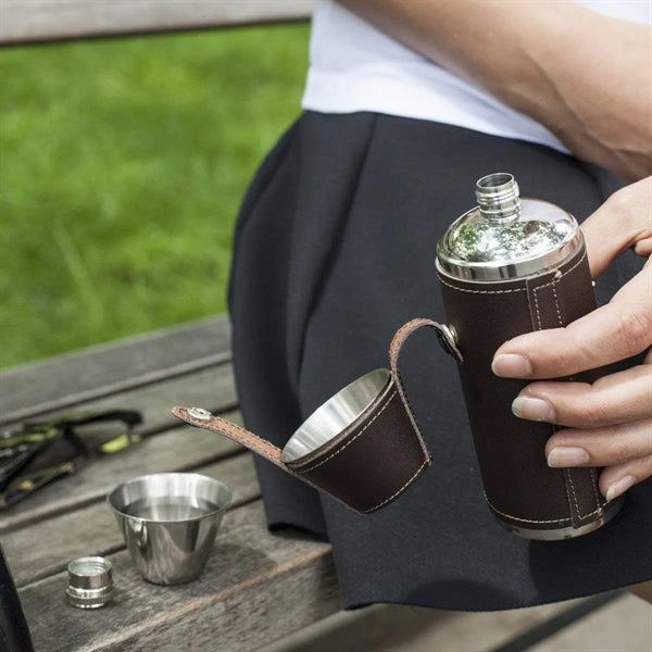 8 OZ Stainless Steel Leather Flask with 2 Cups