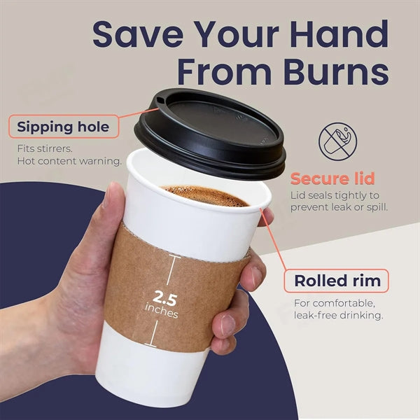16OZ Black Dome Lid, Kraft Sleeve,White Paper Coffee Cup