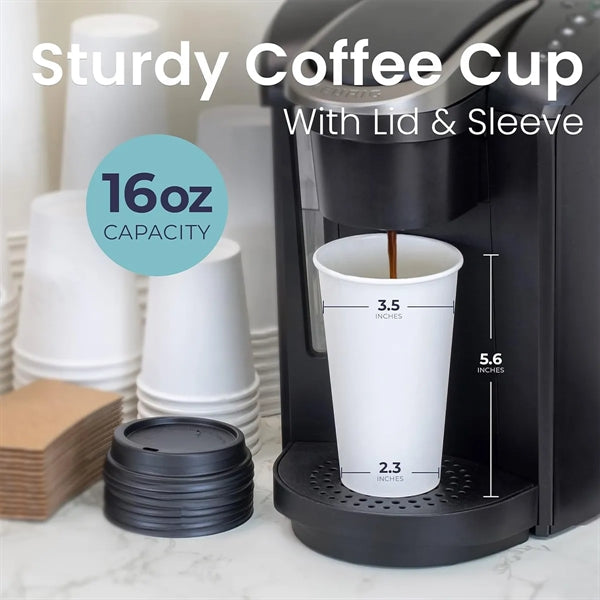 16OZ Black Dome Lid, Kraft Sleeve,White Paper Coffee Cup