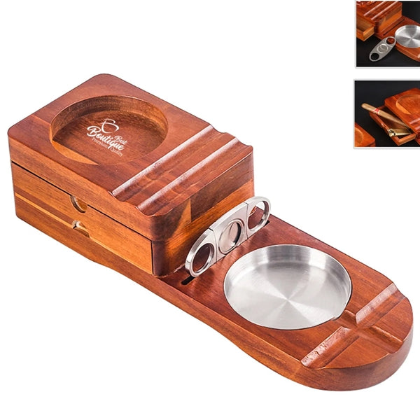 Wooden Cigar Humidor Ashtray Coaster Whiskey Glass Tray Set