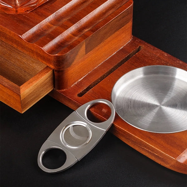 Wooden Cigar Humidor Ashtray Coaster Whiskey Glass Tray Set