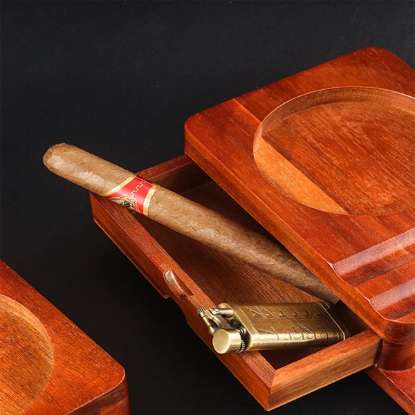 Wooden Cigar Humidor Ashtray Coaster Whiskey Glass Tray Set