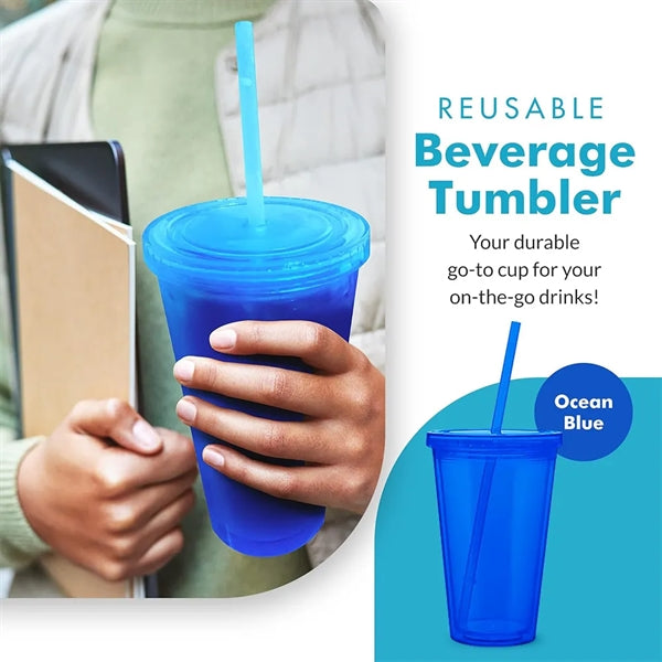 16oz. Double Wall Plastic Tumblers with Straw and Lid