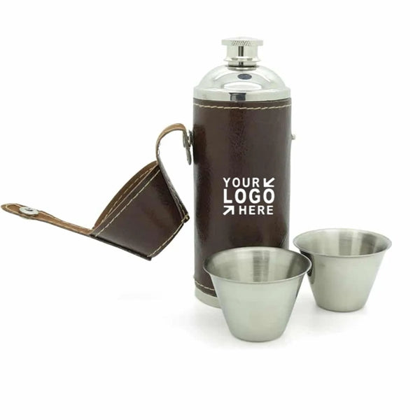 8oz Stainless Steel Leather Alcohol Hip Flask with 2 Cups