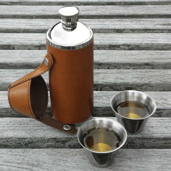 8oz Stainless Steel Leather Alcohol Hip Flask with 2 Cups
